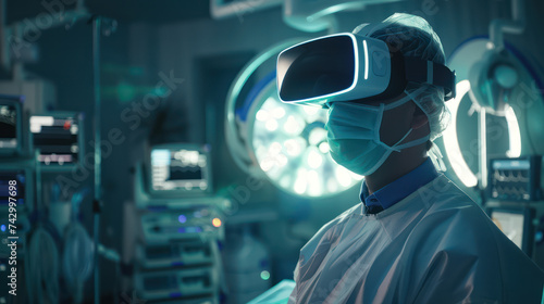 a doctor wearing VR glasses showing realistic graphics and Medical technology graphic interface screen