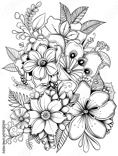 Wallpaper Mural Coloring page with beautiful floral design. Black and white Torontodigital.ca