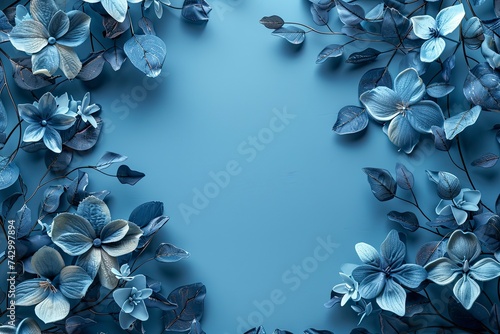 Blue wall with floral frame of blue flowers backdrop. Space for text