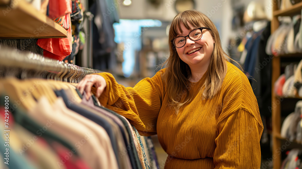 Smiling Young Woman with Down Syndrome Working in clothing store