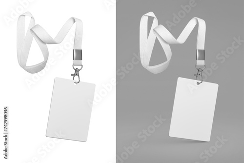 Plastic badge. ID card with white ribbon. Template mockup designed for employees and guests of company. Can be used for show, events, concerts and performances. Or for speakers and organizers.