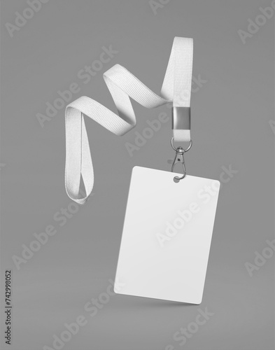 Plastic badge. ID card with white ribbon. Template mockup designed for employees and guests of company. Can be used for show, events, concerts and performances. Or for speakers and organizers. photo