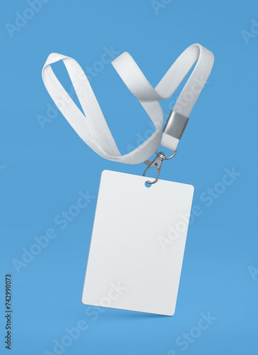 Plastic badge. ID card with white ribbon. Template mockup designed for employees and guests of company. Can be used for show, events, concerts and performances. Or for speakers and organizers.