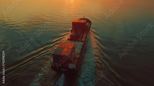 Container cargo ship in the ocean cinematic top view photo. High quality