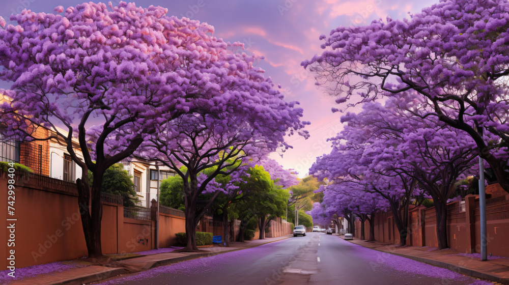 Jacaranda blossom in spring at Johannesburg street