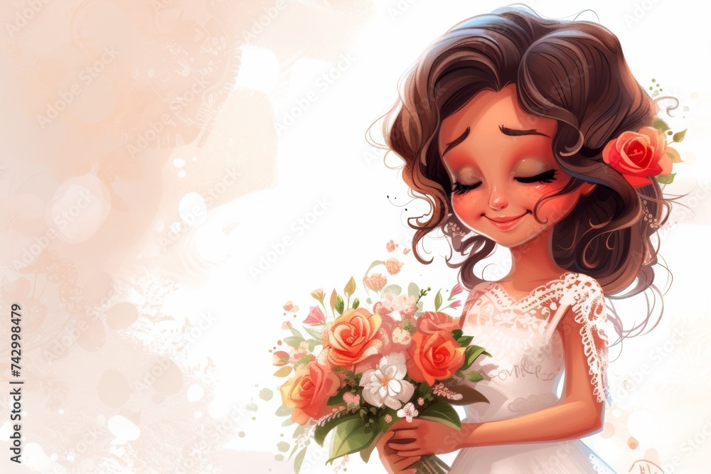 Lovely cartoon girl in lace dress with flower bouquet, Generative AI