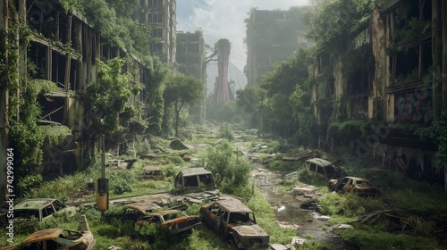 A post-apocalyptic city overgrown with nature, where survivors navigate through the ruins with the aid of genetically modified animals. 8k photo