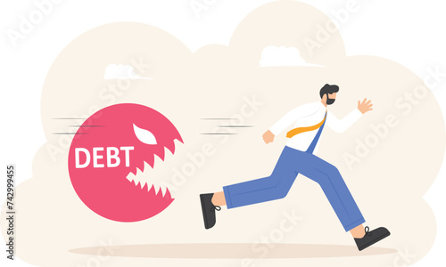 Businessman run chasing money coin with run away from debt, vector illustration cartoon

