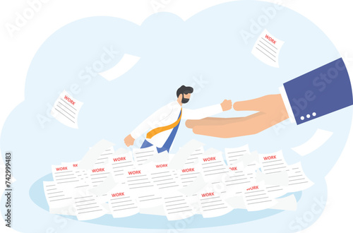 Helping hand rescue man from pile of papers, Helping hand business concept

