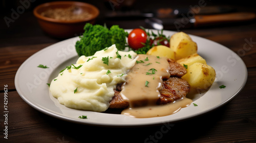 Traditional German pork Schnitzel with cream sauce