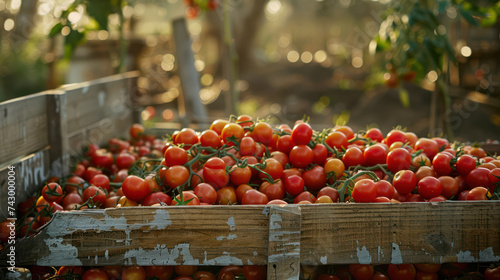 A truckload of tomatoes sits in the garden waiting to be transported