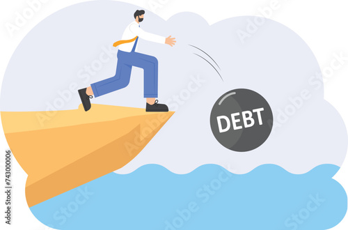 Businessman rolling debt burden off a cliff, vector illustration cartoon

