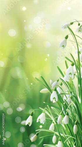 Verdant leaves cradle the drooping heads of snowdrops, with shimmering light particles enhancing their delicate allure against a backdrop of spring's vitality.