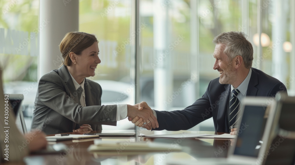 Two professionals are shaking hands across a table in a bright office setting, smiling in agreement or greeting. Two professionals are shaking hands across a table in a bright office setting, smiling in agreement or greeting.