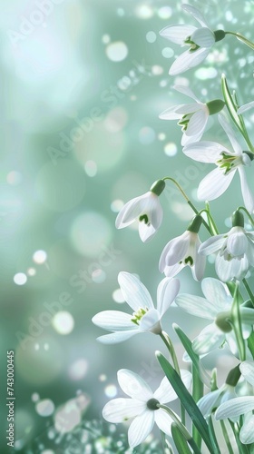 Clusters of snowdrop flowers stand amidst a soft-focus green world, their subtle elegance highlighted by a diffused, dreamy light. This image conveys a peaceful and hopeful start to spring.