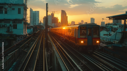 The BTS Skytrain runs on tracks in Bangkok, Thailand.