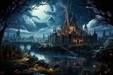 a castle is surrounded by trees and a river at night with a full moon in the background