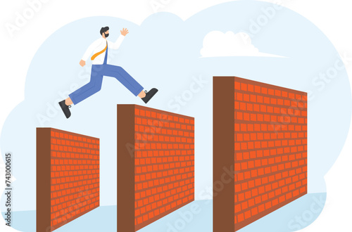Businessman running and jumping across the wall, success in risk concept


