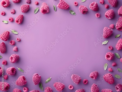 Pastel berries frame with green leaves. Raspberry on a pastel purple background. High quality