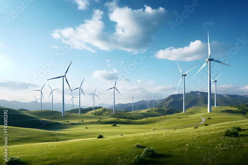 Harmony in Green Energy: Wind Turbines in Lush Valley Against Clear Blue Sky
