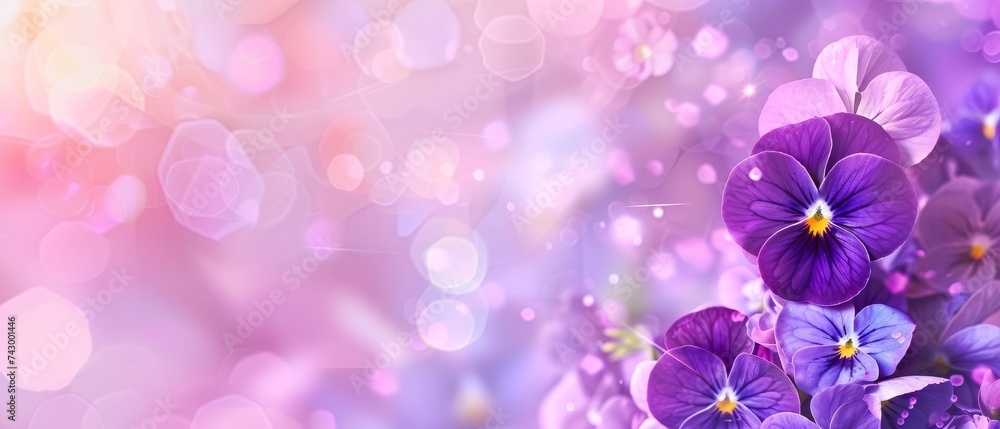 Harmonious purple violas are immersed in a bokeh light spectacle, creating an inviting, glowing composition. The delicate flowers are accentuated by the soft, luminescent background. Harmonious purple violas are immersed in a bokeh light spectacle, creating an inviting, glowing composition. The delicate flowers are accentuated by the soft, luminescent background.