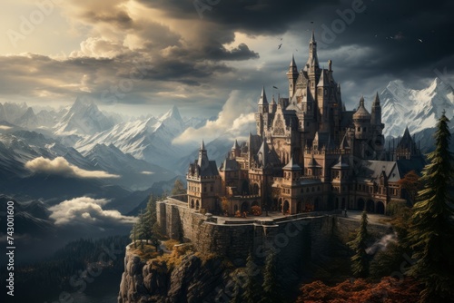 a large castle is sitting on top of a mountain surrounded by mountains