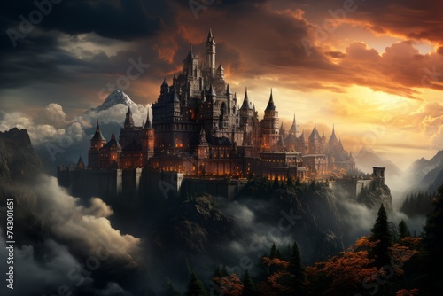 a large castle sitting on top of a mountain surrounded by trees and clouds