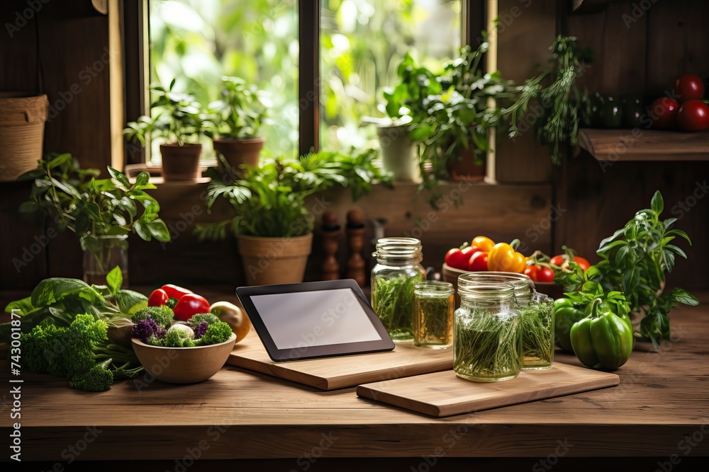 In the kitchen, there is a tablet for recording vegetable recipes for proper nutrition on a diet.