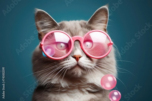A stylish cat in pink glasses poses with shiny bubbles, showcasing a blend of cuteness and fashion on a teal background.