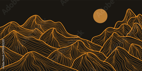 Mountain line art background, luxury gold wallpaper design for cover, invitation background, packaging design, wall art and print. Vector illustration.
