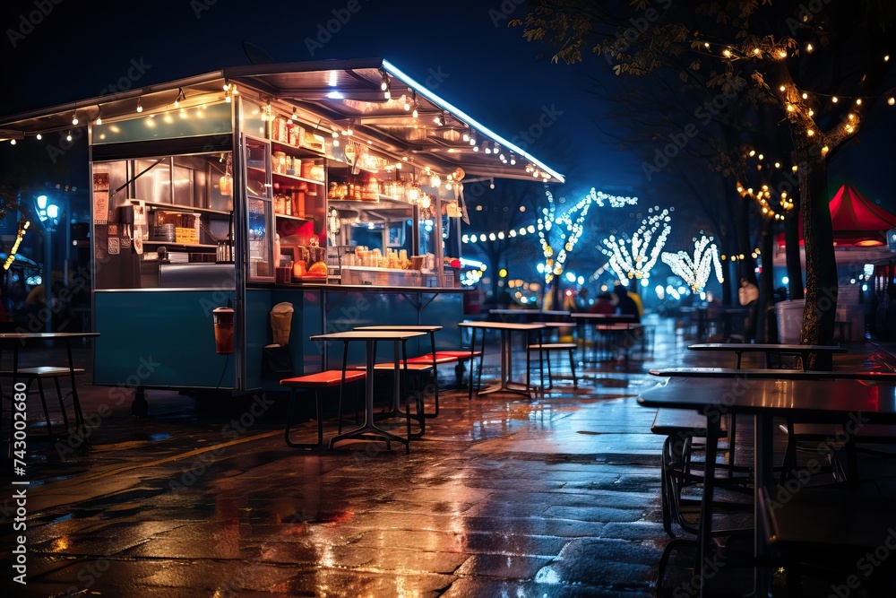 Empty Scene with a Dark Street Food Van Standing in the Evening in a Nice Warmly Lit . An empty food stall on a street lit with garlands.