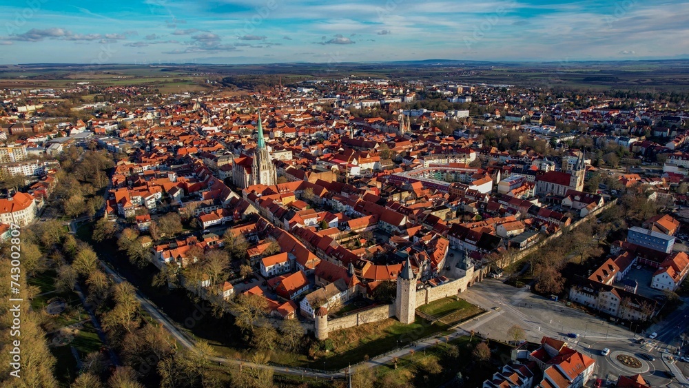 Aerial of the city Mühlhausen in Hesse, Germany on a sunny day in autumn - obrazy, fototapety, plakaty 