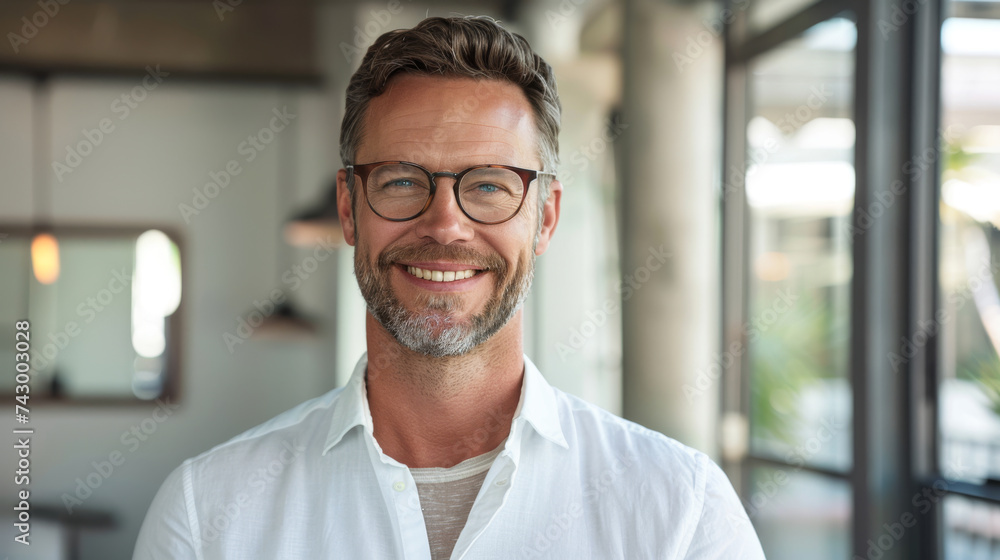 A joyful man in a white shirt and glasses is smiling warmly in an indoor setting with a blurred background. A joyful man in a white shirt and glasses is smiling warmly in an indoor setting with a blurred background.
