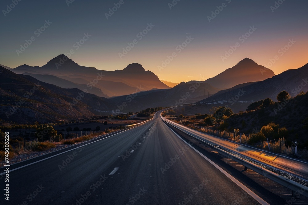 A road extending towards a radiant sunrise cresting over a mountain ridge, with early morning birds flying across the sky. The lighting is lively, capturing the energy of a new day. - obrazy, fototapety, plakaty 