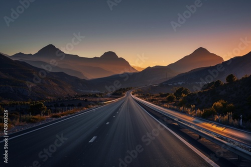 A road extending towards a radiant sunrise cresting over a mountain ridge, with early morning birds flying across the sky. The lighting is lively, capturing the energy of a new day. photo