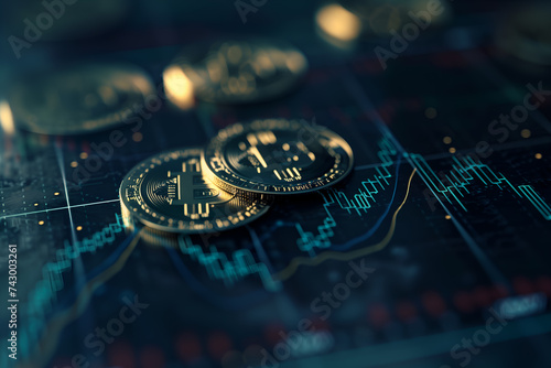 Close-up Bitcoin coins on a stock chart photo