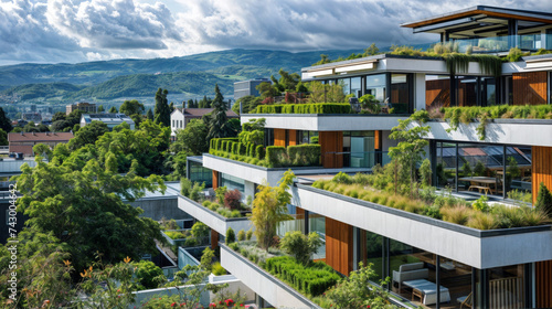 Vue aérienne d'une zone résidentielle respectueuse de l'environnement, maisons modernes équipées de systèmes de panneaux solaires et de toits végétalisés incarnant un urbanisme durable photo