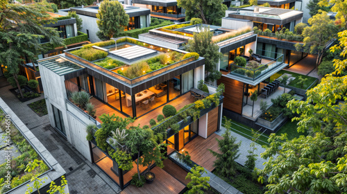 Vue aérienne d'une zone résidentielle respectueuse de l'environnement, maisons modernes équipées de systèmes de panneaux solaires et de toits végétalisés incarnant un urbanisme durable photo
