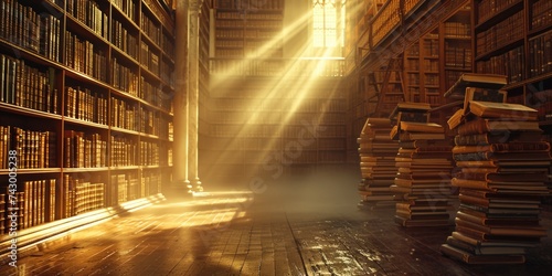 Majestic rays of sunlight beam through a stained glass window, illuminating the dusty shelves of ancient books in a historic library. Resplendent.