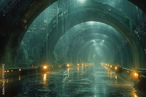 A winding tunnel illuminated by streetlights and drenched in the shimmering glow of rain  leading towards a mysterious outdoor destination shrouded in fog and the promise of adventure