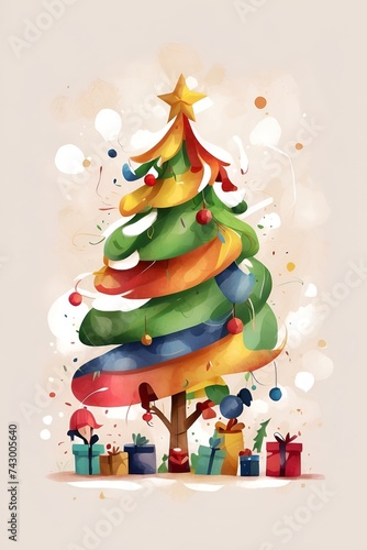A digital painting of Christmas tree with gifts