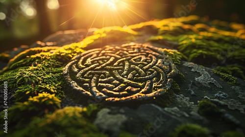 Sunlight filtering through ancient Celtic knot patterns etched on a moss-covered stone photo