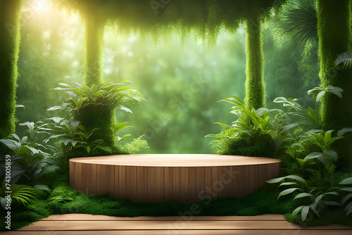 Empty Stage Wooden top with green designed nature plants and trees background