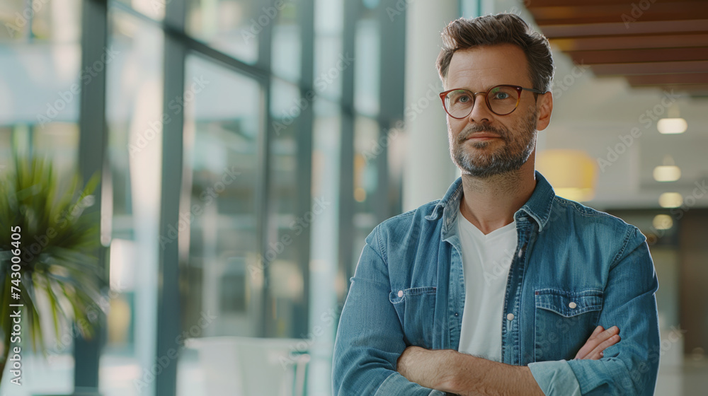 Obraz premium A poised man with glasses, wearing a casual denim shirt, gives a gentle, confident smile in a naturally lit office space.