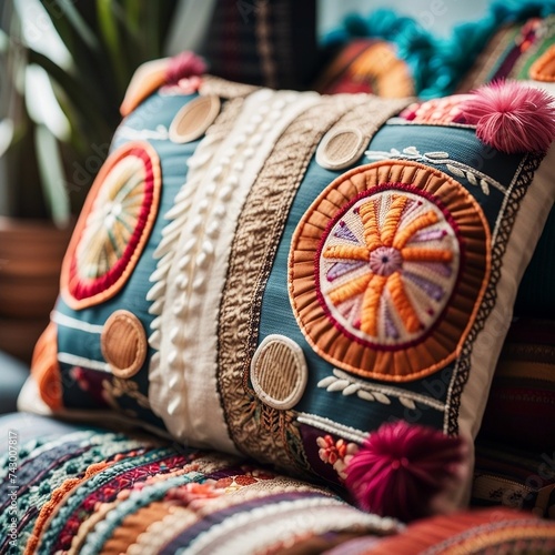 Colorful Embroidered Cushion on Sofa in Cozy Living Room
