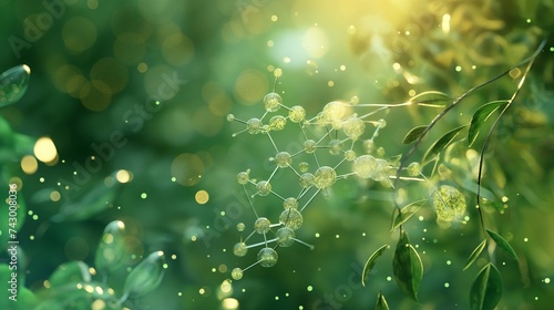 a creative depiction of a transparent photosynthesis molecule highlighting plant biology against a rich green background as light particles strike it. 