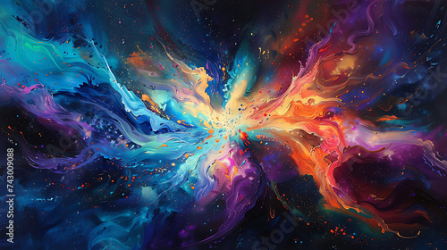 A kaleidoscope of vibrant hues exploding into a cosmic dance, evoking the wonder and majesty of the universe