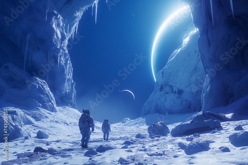 An image of space explorers discovering a frozen, mysterious world, with strange structures visible beneath the ice. 8k