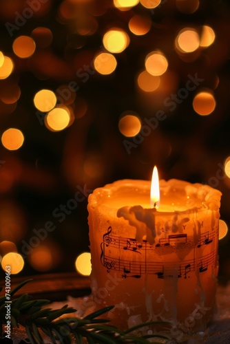 Candlelight with musical score sheets in warm ambience. Christmas candle with music notes glowing in the dark. Festive candlelight with a warm bokeh background.