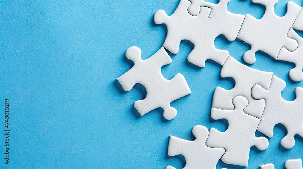 Obraz premium An unfinished white puzzle on a blue background symbolizes collaboration and problem-solving